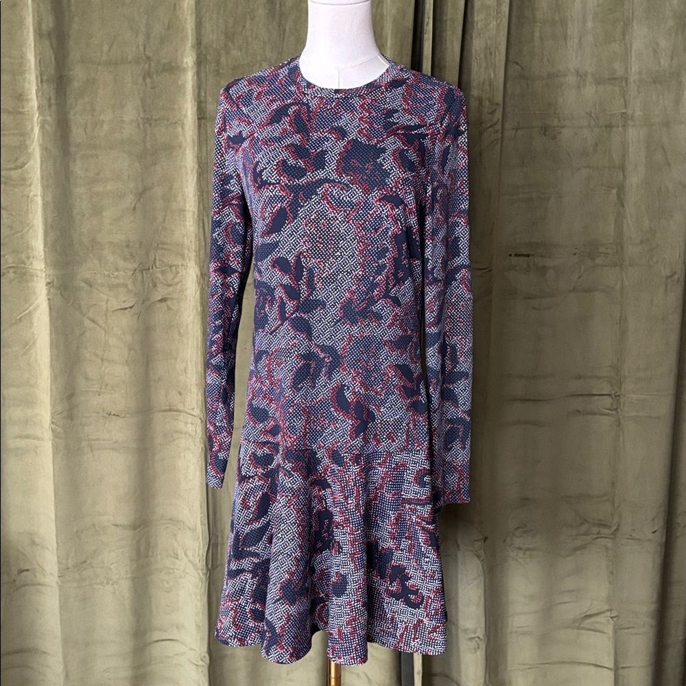Tory Burch Long-Sleeve Floral Fit-and-Flare Dress in Burgundy and Gray, S - Picture 2 of 8